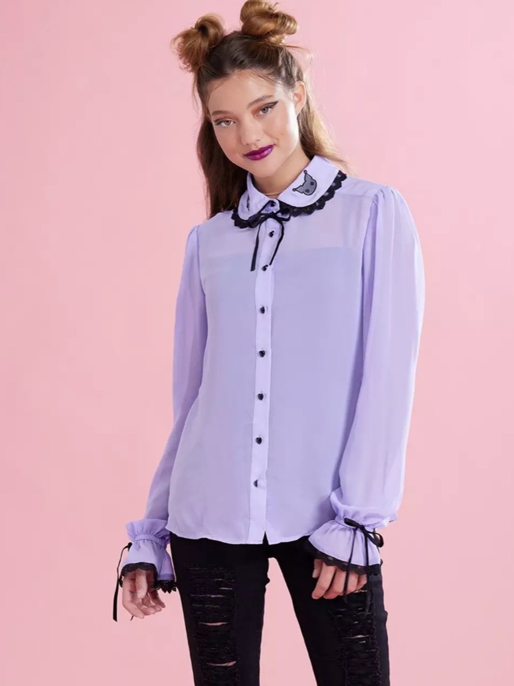 Sanrio Kuromi Lavender Sheer Blouse XS Hot Topic Kawaii Pastel Goth Lace